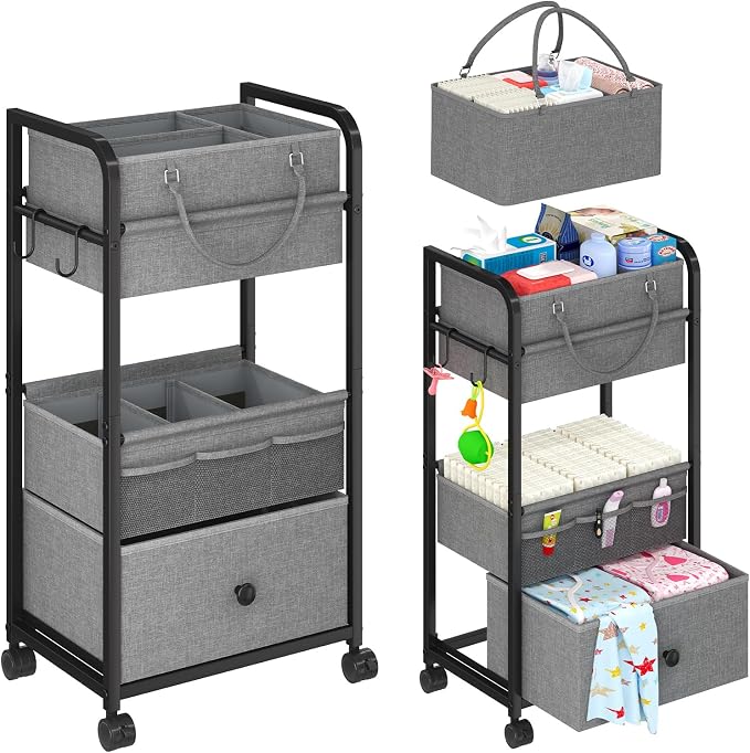 Cidaziya 3In1 Baby Diaper Caddy Organizer, 3 Tier Rolling Cart with Drawer, Detachable Dividers, Mobile Utility Cart Baby Dresser Clothes Organizer for Crib, Bedroom, Art & Craft Storage, Grey