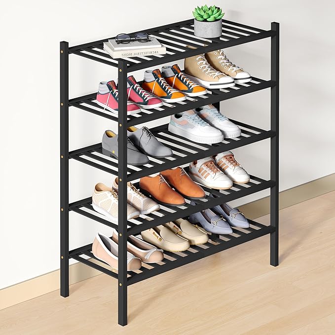 Smiry Bamboo Shoe Rack for Closet, 5 Tier Wooden Shoe Organizer, Stackable Wood Shoe Storage Shelf for Entryway, 14 Vertical Slats, 2+3 Stack Heavy-Duty Legs, 26.77"x11.02"x31.3", Black