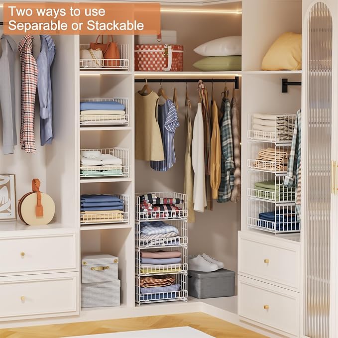 Hongtamoya 4-Tier Sliding Closet Organizers and Storage Shelves, Stackable Closet Shelf Organizer Basket Bins, Drawer Shelf Storage Container for Wardrobe Cupboard Kitchen Bathroom Office, White