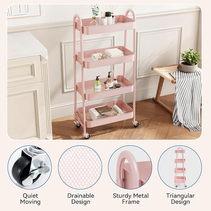 NEWBULIG 4-Tier Metal Rolling Storage Cart, Heavy Duty Mobile Utility Organizer Shelf with Lockable Wheels, Multifunctional Trolley for Daily Supplies, Home Indoor Daily Use, Pink