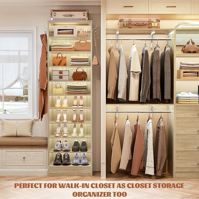 Aheaplus Tall Shoe Cabinet, 10 Tiers Narrow Wood Shoe Rack, Shoe Storage Organizer with Open Storage, Vertical Shoe Shelf Tower for 20-22 Pairs, Space Saving, for Closet, Entryway, Bedroom, 2White Oak