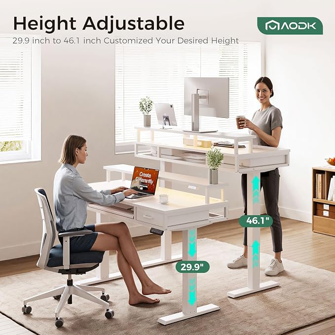 AODK 55 Inch Electric Standing Desk with Drawers & Keyboard Tray, White | 3 Outlets & 2 USB Ports, 20-Mode LED Lights, Monitor Stand, Cable Management Tray, 3 Memory Heights, 29.9"-46.1" in Range
