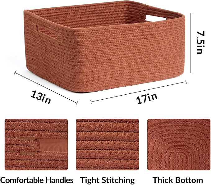 MiniArk Large Storage Baskets for Shelves, 17 x 13 x 7.5” Closet Organizers Bins for Clothes Blanket Towels, Baby Nursery, Toy Baskets Box, Woven Rope Baskets, 3 Packs Oxide Red