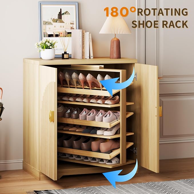 Vlsrka Rotating Shoe Storage Cabinet with Doors and 6 Tier Shelves, Wood | Suitable for 18 Pairs Shoe Organizer, Freestanding, Pull Out Shoe Rack, Wooden Entryway Cabinet for Hallway, Closet, Indoor