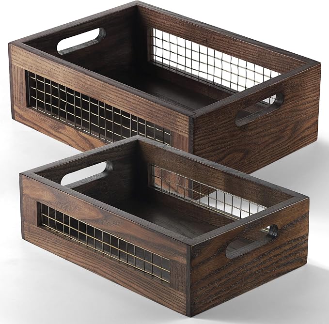 Wooden Countertop Baskets Set of 2 for Kitchen, Pantry|Wall Mount Upgrade with Full Accessories| Rustic Nesting Boxes|Wooden Organizer Crates for Vegetables, Produce, Bread