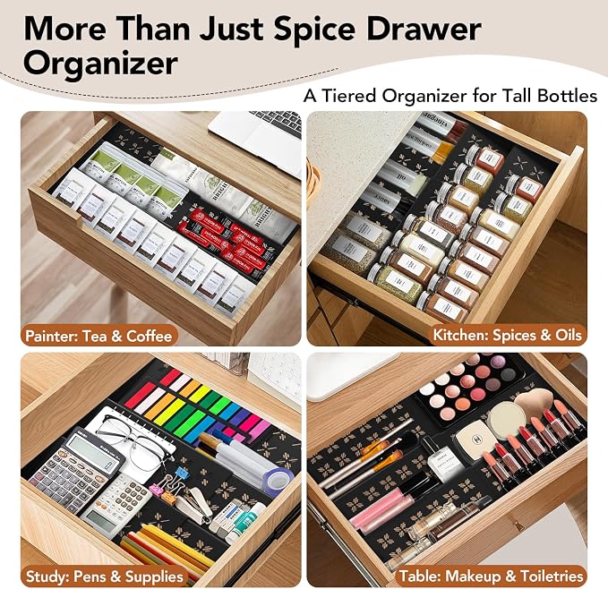 Spice Drawer Organizer 3-Tier Expandable (11"-22" Wide), Spice Rack for Cabinet with Funnel & Spice Labels, Fits Large Jars, Seasoning Storage Insert Design for Cabinet & Drawer (Black)