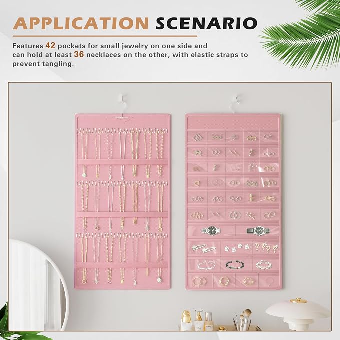Hanging Jewelry Organizer, Double-Sided Necklaces Holder, Pink | 42 clear pockets organize rings & earrings; 36 wire necklace hooks reduce tangles; top hook hangs in closets, walls or doors.