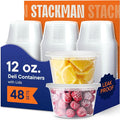 Stack Man 12 oz Deli Containers with Lids (48 Sets) – Clear Plastic Food Storage Containers, Airtight Leak-Resistant Seal, BPA-Free, Microwave & Freezer Safe, Meal Prep Sides Soup Takeout To-Go