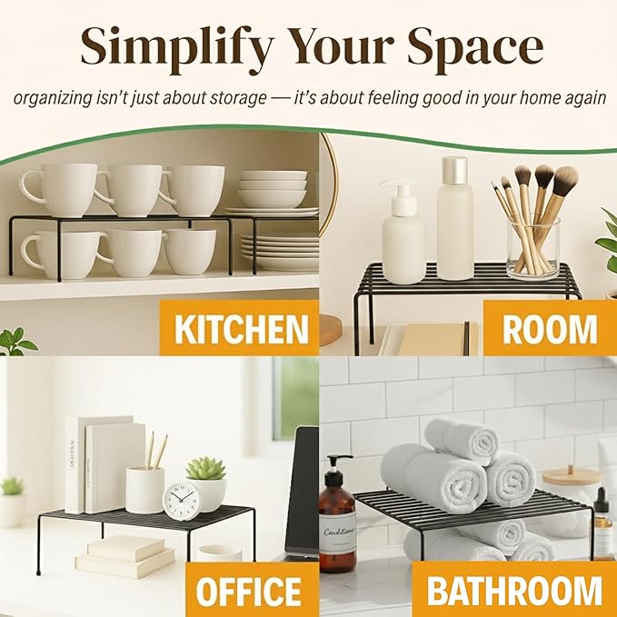 Evelots Kitchen Cabinet Wire Shelf Organizer/Rack - 6 Pack Sturdy Metal Shelf Risers - Double Your Counter Space - Great for Kitchen, Freezer, Pantry and Bathroom - Rustproof - Black