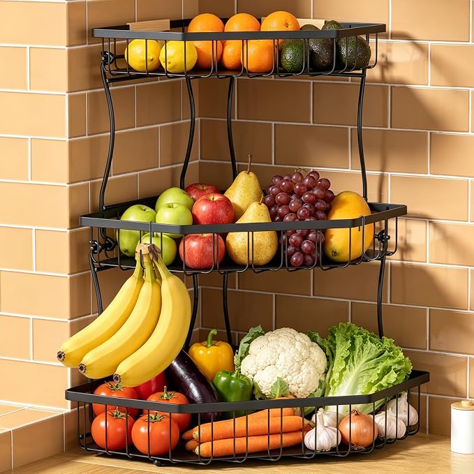 3 Tier Fruit Basket for Kitchen Counter - Detachable Metal Fruit Bowl with 2 Banana Hangers for Corner , Large Capacity Fruit Stand with Wooden Handle for Bread Fruit and Vegetable Storage - Black