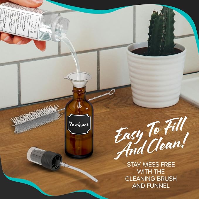 Nevlers 1 Oz Amber Glass Spray Bottles for Cleaning & Refreshment 24 Pack | Small Travel Spray Bottle w/ Shrink Wrap, Funnel, Brush, Marker & Labels | Fine Mist Sprayer | Mini Perfume Refillable Bottle