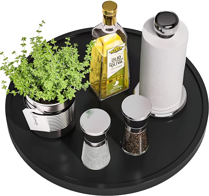 Lazy Susan Organizer, 13.2 Inch Non-Skid Bamboo Turntable | Kitchen Table Cabinets Closets and Kitchen Islands, Wood Turntable for Kitchen Countertop Organizer, Black
