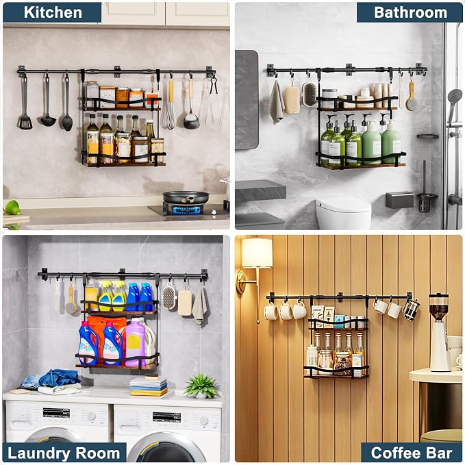 Upgraded Wooden Adjustable Wall-Mounted Condiment Rack,6 pack kitchen hooks,heavy-duty kitchen wall shelf, suitable for use as an over-the-stove shelf, coffee shelf, or shower wall caddy.