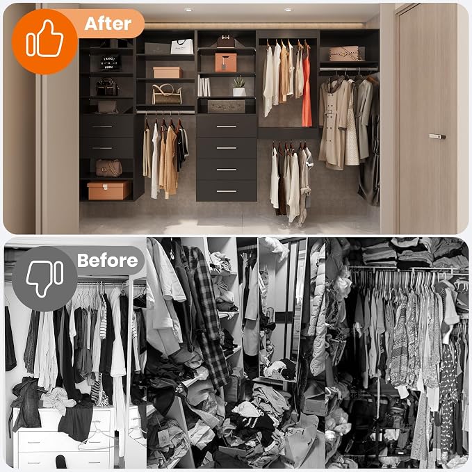 ROOMTEC Modular Closet System, 96" Wall Mounted Modern Closet Organizer with Hanging Rods and Drawers, Wooden Tower for Walk-In Closets, Wardrobe Storage Kit, Black
