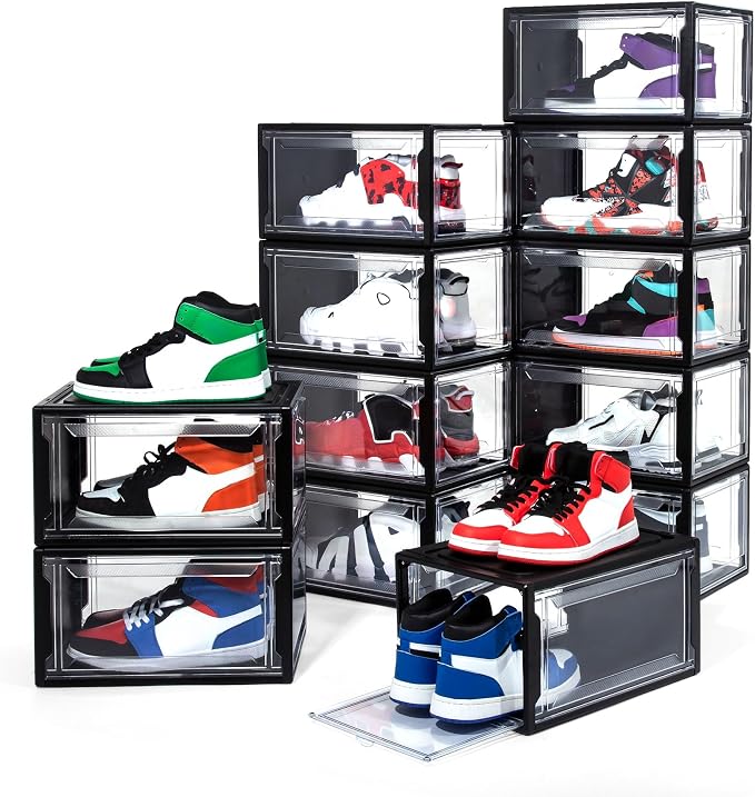 12 Pack Shoe Boxes, Clear Acrylic Plastic Shoe Boxes Stackable, Space-Saving Foldable Drop Front Shoe Storage Boxes Container for With Lids Fits Up to Size 15 (Dark Black)