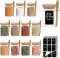 ComSaf Glass Spice Jars with Spoons 8 oz 12 Pack Round with Labels | Labels, Empty Containers, Seasoning Herbs Powder, Salt Pepper Chili, Spice Rack Organization, Loose Tea Storage