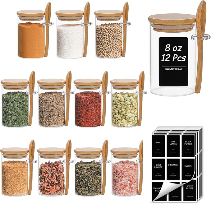 ComSaf Glass Spice Jars with Spoons 8 oz 12 Pack Round with Labels | Labels, Empty Containers, Seasoning Herbs Powder, Salt Pepper Chili, Spice Rack Organization, Loose Tea Storage