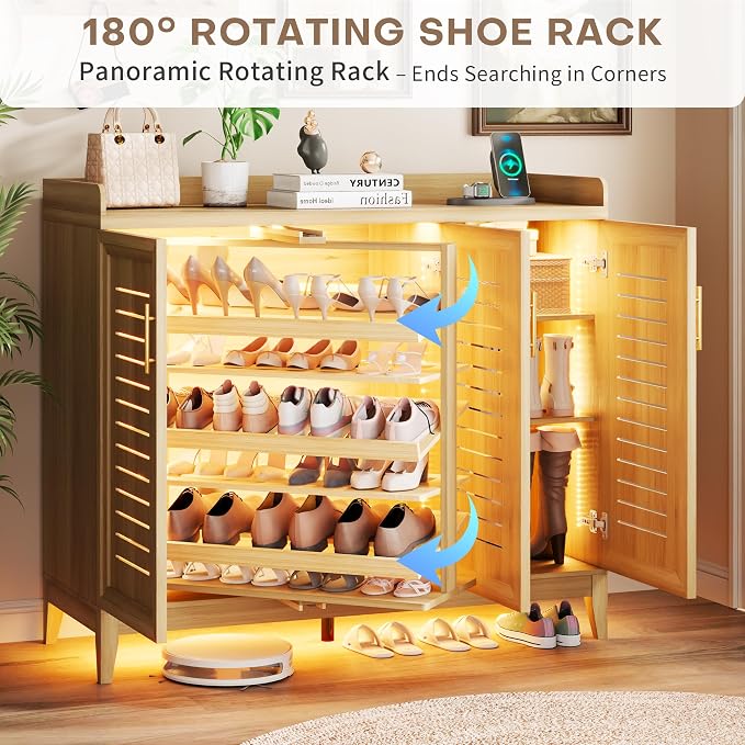 Vlsrka Shoe Storage Cabinet with Shutter Doors and Adjustable Shelves | 6 Tier Wooden Shoe Organizer, Large Capacity, Human Sensor Lighting, 180° Rotating, for Entryway, Hallway, Living Room, Wood