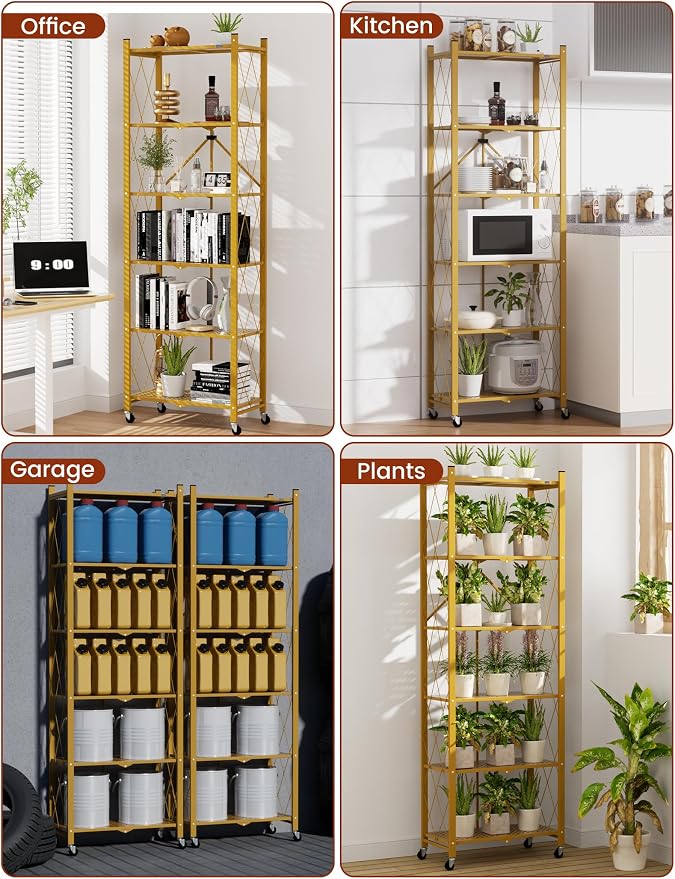 ALANNG 73.6 Inch Folding Bookshelf, 6 Tier Metal Bookcase and Bookshelves | Tall Shelves for Living Room Office Bedroom, Heavy Duty Book Shelve Free Standing Open (Gold, 1PACK)