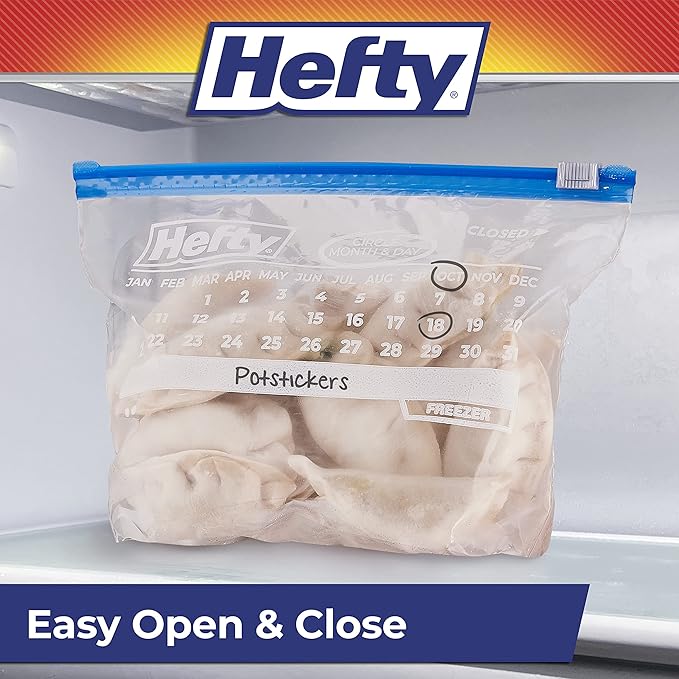 Hefty Calendar Slider Quart Freezer Bags, 140 Count, Quart Slider Bags for Freezer with Calendar Dates, Holds Raw Meat, Fruits, Veggies, and More, Secure Zip and Click Closure