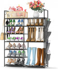 Kottwca 7 Tiers Shoe Rack Metal Shoe Organizer for Entryway Closet, 24-28 Pairs Stackable Shoe and Boots Shelf Storage Cabinet with Hooks and Side Hanging Pockets for Bedroom, Garage, Black