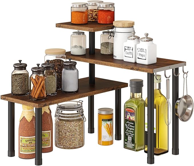 GHWIE Corner Shelf Organizer, 3 Tier Bamboo Kitchen Countertop Rack for Living Room, Office, Bookshelf Display Shelves, Space Saving Storage Shelves,Rustic Brown