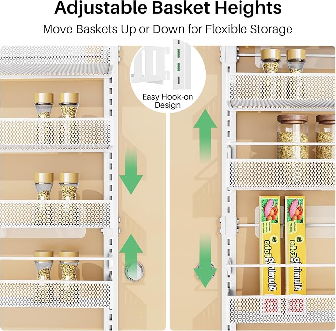 Narrow Over the Door Pantry Organizer - 8 Tiers Height Adjustable Pantry Organizers and Storage with Dense Mesh Baskets, Metal Spice Rack for Kitchen Bathroom (Black, 12.2"W x 4.6"D x 69.1"H)