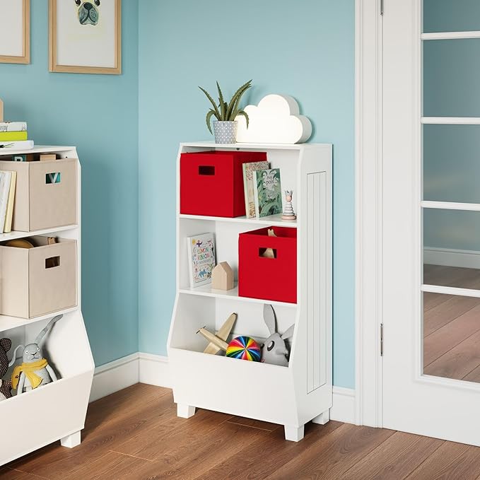 RiverRidge Kids Bookshelf with Veggie Storage and 2 Open Shelves and 2 Red Fabric Bins - Kids Storage Organizer, Toy Shelf & Book Shelf with Deep Veggie Bin and Top Toy Display Area