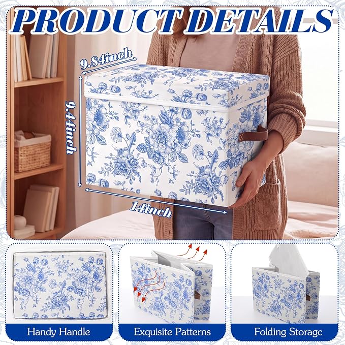 Domensi 2 Pack Large Fabric Storage Bins with Lids, 14x10x9.5 Inch Blue Floral Decorative Closet Organizer with Leather Handle Stackable Folding Clothing Storage Boxes for Bedroom Shelves(Lidded)