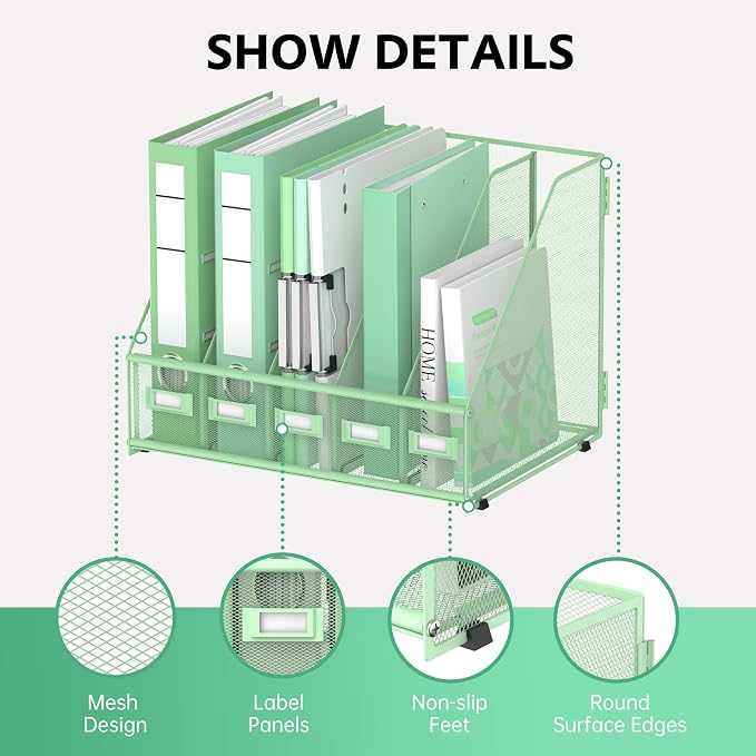 5 Vertical Compartments Magazine Holder, Metal Binder Organizer, Mint Green | Space-Saving Desktop Storage, Built-In Label Holders, Anti-Slip Feet, Sized for Binders, Folders, Magazines and Files