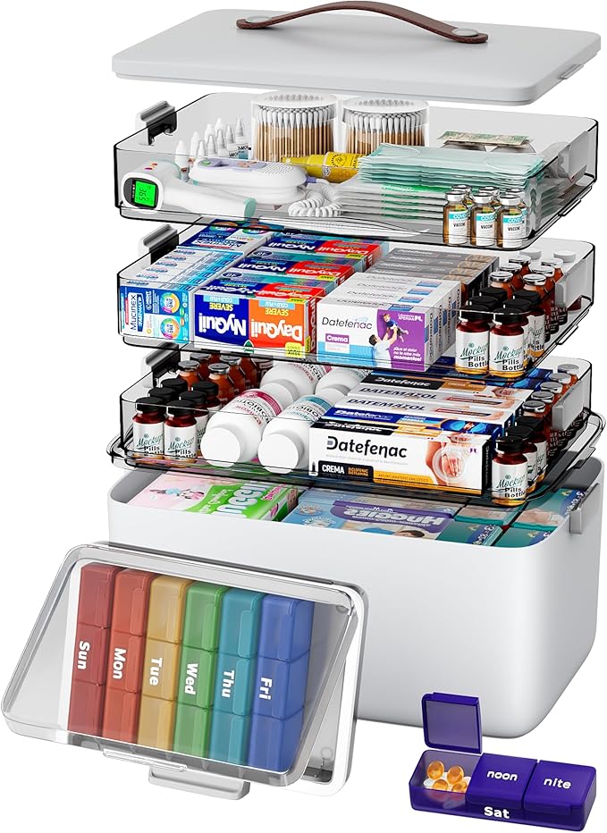 CTIME 4-Tier Extra-Large Medicine Organizer with Portable Pill Case Empty | Double Capacity for Family Needs; BPA-Free Safety; Clear Visible Lids; Neatly Categorized; Home & Travel Essentials; Gift