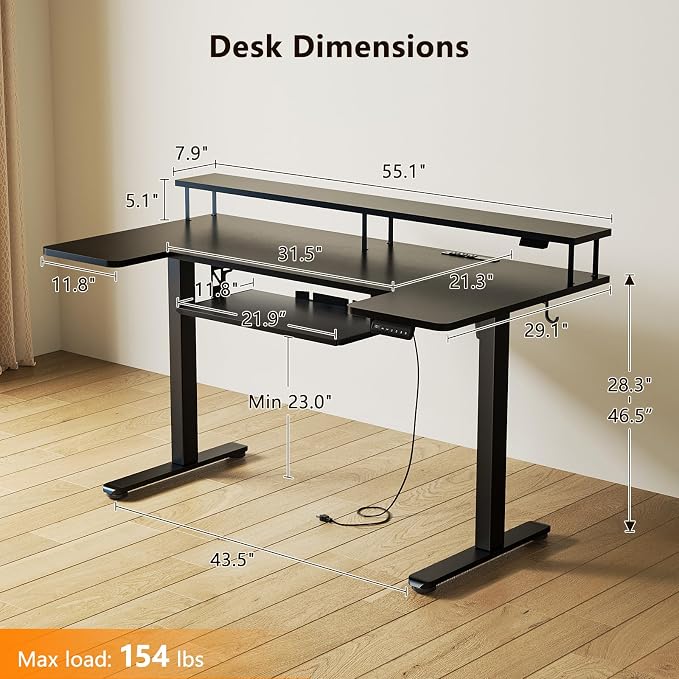 OffiGo 55 Inch U Shaped Electric Standing Desk with Keyboard Tray, Black | 3 Outlets & 2 USB Ports, Monitor Stand, 10 Colors & 10 LED Modes, 3 Presets, 28.3"-46.5"in Range, 154 lb Capacity