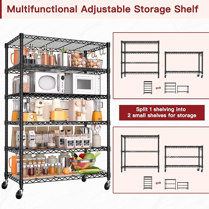 PrimeZone 6 Tier Wire Shelving with Wheels 78''H 1500lbs Storage Shelves NSF Certified Heavy Duty Steel Metal Shelf Adjustable Rolling Rack Kitchen Garage Closet Pantry Laundry 78''HX36''WX18''D 4Pcs