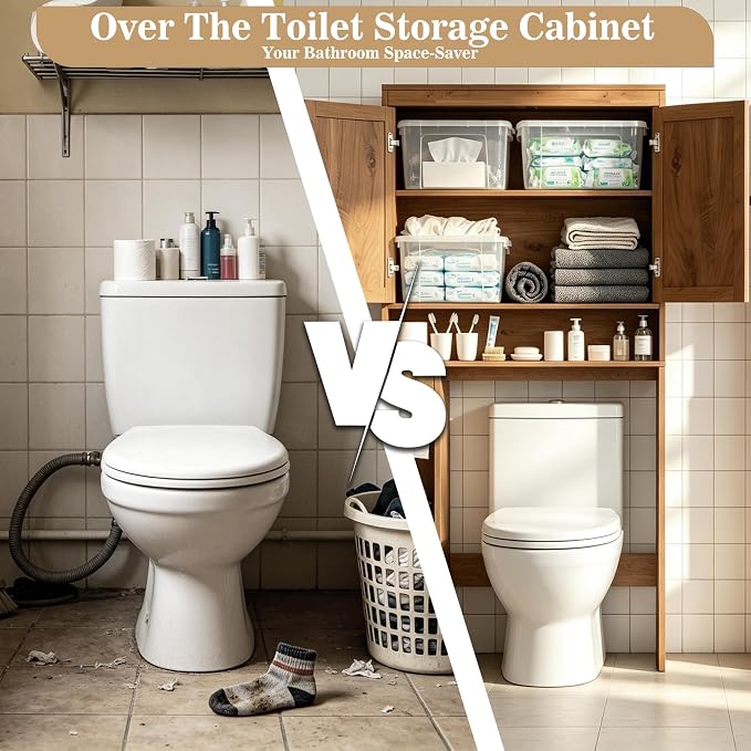 Over The Toilet Storage Cabinet Bathroom Shelf Over Toilet Bathroom Organizer Space Saver Rack with Adjustable Shelf (Brown- Yellow, Rattan Style)