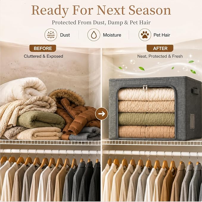 GoMaihe 3 Opening Clothes Storage Bins with Metal Frame, 40L Sweater Storage Organizer for Upper Shelf Closet Storage Boxes with Clear Window for Hoodies Jeans Towel 6-Pack Grey