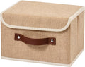 Storage Boxes with Lid Cotton Linen Fabric Storage Bins Organizer Container Decorative Collapsible Washable Shelf Baskets Faux Leather Handles for Home Bedroom Closet (Linen, Small)