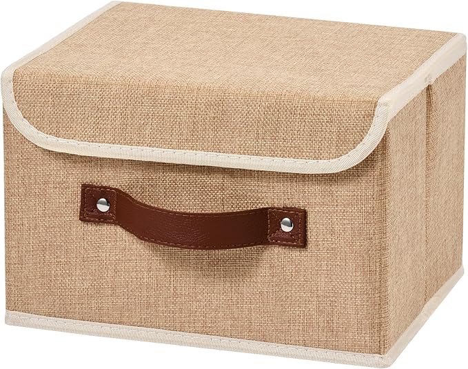 Storage Boxes with Lid Cotton Linen Fabric Storage Bins Organizer Container Decorative Collapsible Washable Shelf Baskets Faux Leather Handles for Home Bedroom Closet (Linen, Small)