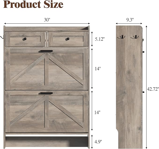 Thacuok Shoe Cabinet with 2 Flip Drawers & 2 Storage Drawers, Rustic Farmhouse Narrow Shoe Organizer Cabinet, Slim Shoe Rack Cabinet, Shoe Storage Cabinet for Entryway, Hallway