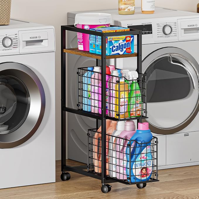 Hongtamoya 3 Tier Laundry Room Cart with Pull-Out Baskets, Utility Slim Storage Cart with Wheels Small Rolling Cart with Wood Top Metal Narrow Bathroom Laundry Room Organization Trolley, Black