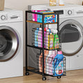 Hongtamoya 3 Tier Laundry Room Cart with Pull-Out Baskets, Utility Slim Storage Cart with Wheels Small Rolling Cart with Wood Top Metal Narrow Bathroom Laundry Room Organization Trolley, Black