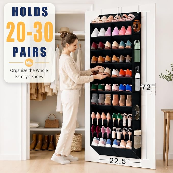 UVIAHOMI 20-30 Pairs Over the Door Shoe Organizer with Side Mesh Pockets, 10-Tier Hanging Shoe Storage for Closet, Breathable Door Shoe Rack Holds Sneakers, Boots, Heels & Daily Essentials, Black