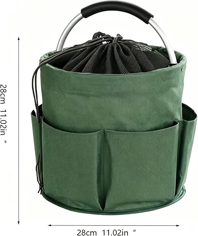 Garden Tool Bucket Organizer, Bucket Tool Organizer,5 Gallon with Aluminum Handle, Multi Side Pockets Portable Storage Caddy for Gardening Camping Car Wash (Green, Drawstring Closure)