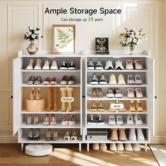 ComfyCorner White 7+1 Tier Farmhouse Shoe Storage Cabinet - 45" Tall Entryway Organizer with Cross Molding Doors, 3 Adjustable Shelves & Metal Legs, Shoe Rack for Front Door Entrance