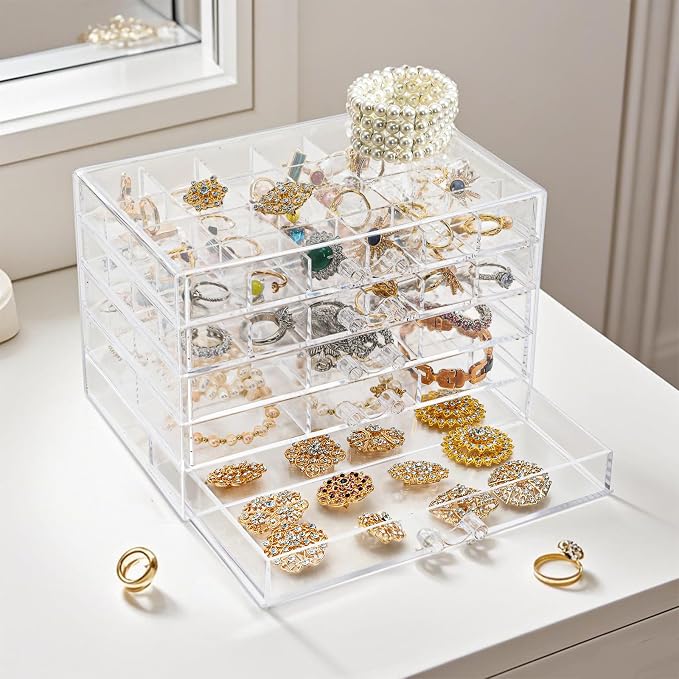 yarlung Acrylic Jewelry Storage Box Earring Holder with 5 Drawers, 61 Grids Jewelry Organizer Tray Clear Ring Display Case for Beads, Nail Tips, Women Girls Gift