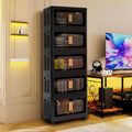 Foldable Storage Cabinet，Plastic Cabinet，Stackable Storage Bins， Open Front with Magnetic Door and Wheels(Black - 5Tiers)