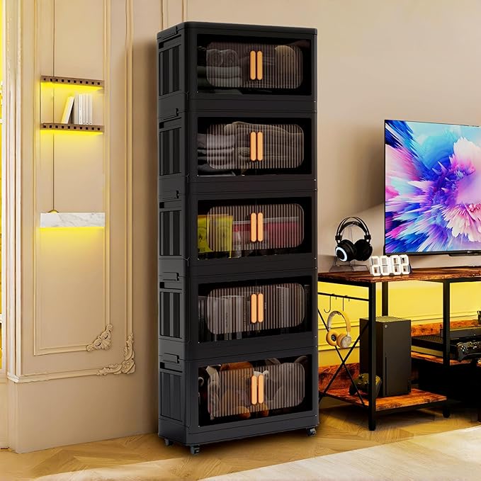 Foldable Storage Cabinet，Plastic Cabinet，Stackable Storage Bins， Open Front with Magnetic Door and Wheels(Black - 5Tiers)