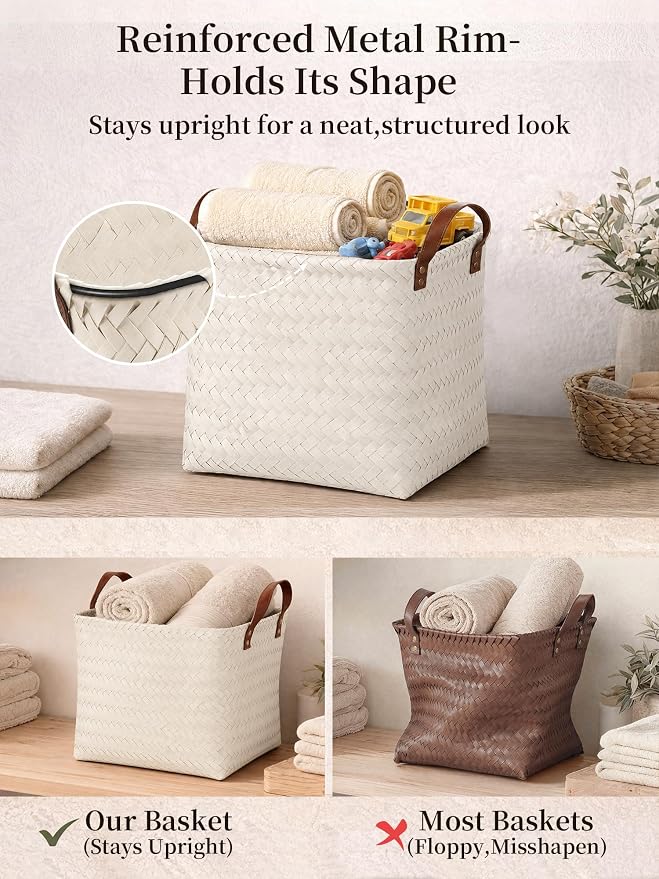Hand Woven Baskets for Storage, 4Pcs Water-Resistant Wicker Baskets, White Wicker Storage Baskets for Shelves, Large Basket with Handle for Organizing, Clothes, Laundry, Blanket - Square