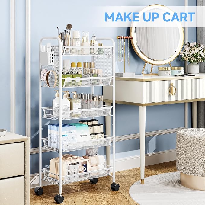 5 Tier Metal Rolling Utility Cart - Heavy Duty Storage Trolley with Pegboard, 4 Hooks & 1 Bin, Mobile Organizer Shelves for Bathroom Kitchen Office Craft Room Laundry, White
