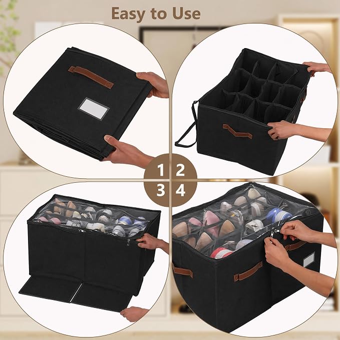 Shoe Organizer for Closet, 2 Pack Shoe Storage Bins Foldable Shoe Storage Box Containers with Clear Cover and Sturdy Handles, Shoe Rack for Closet Storage for Sneakers Heels Slippers, Fit 12-24 Pairs