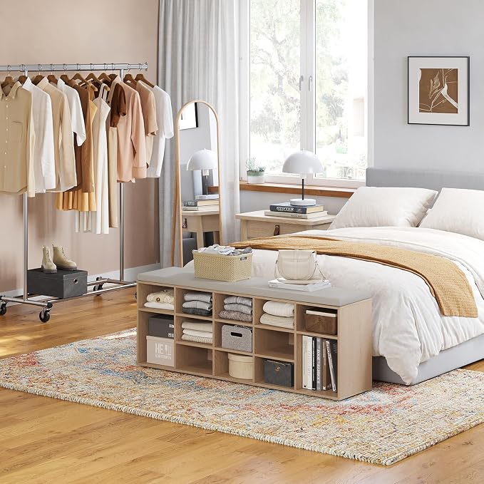 DINZI LVJ Shoe Storage Bench with Cushion, 15-Cubby Shoe Rack, Adjustable Shelves, Long Shoe Organizer Bench for Entryway, Mudroom, Hallway, Living Room, Bedroom and Garage, Natural
